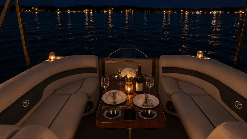 Candlelit dinner table and lounge seating on the Veranda V22RC pontoon at night on Lake Conroe