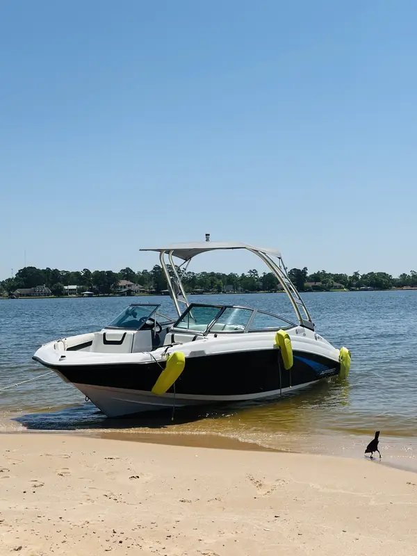 Yamaha AR190 jet boat beached on the sandy shore of Lake Conroe with yellow fenders out and a bird on the sand
