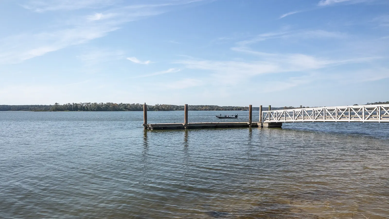 A floating dock and walkway on calm Lake Conroe under a blue sky
